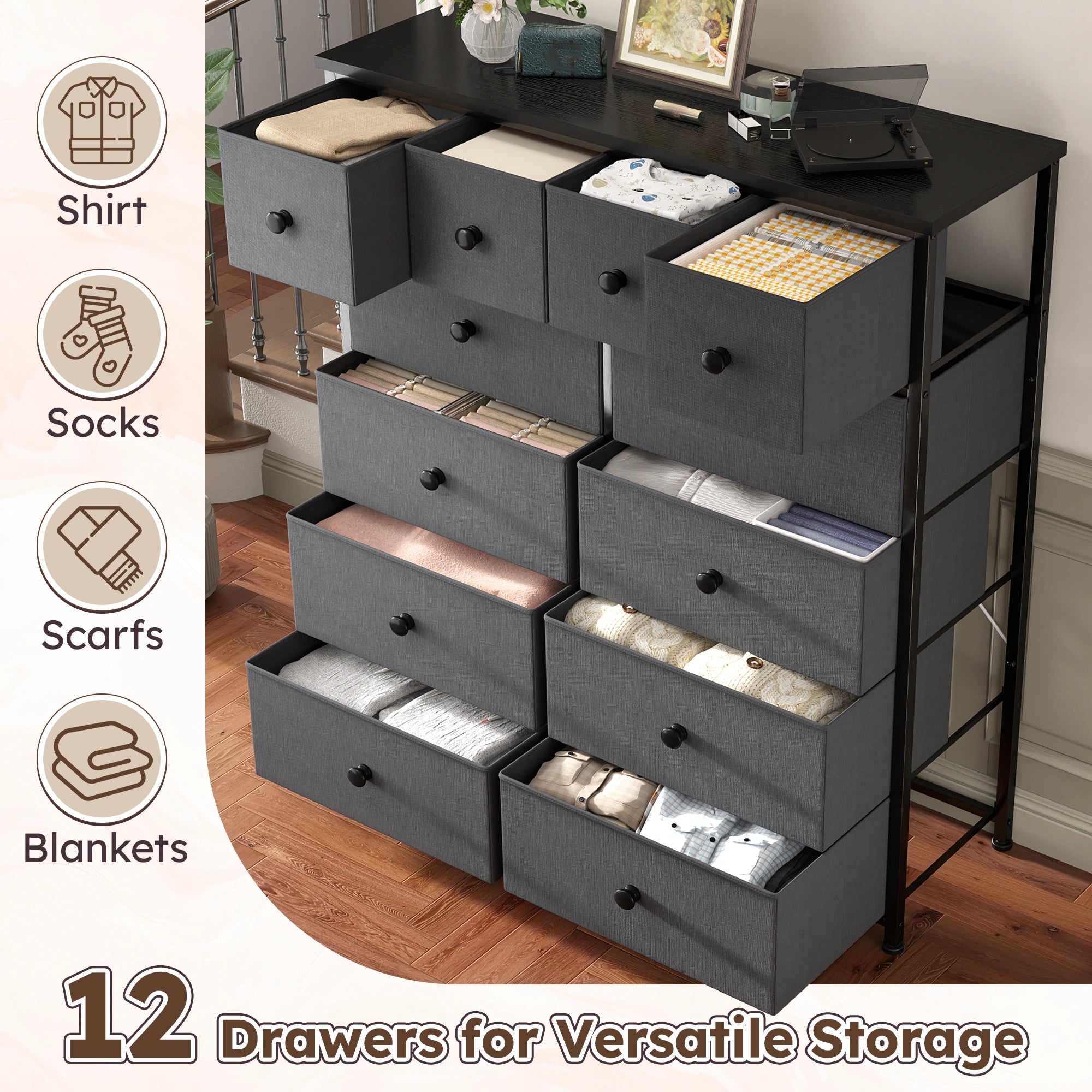 Snhomee 12-Drawer Tall Dresser for Bedroom  - Fabric & Metal Storage Organizer with Wood Top, Anti-Tip Design, Space-Saving, Closet, Entryway, Dorm Furniture, Back to school