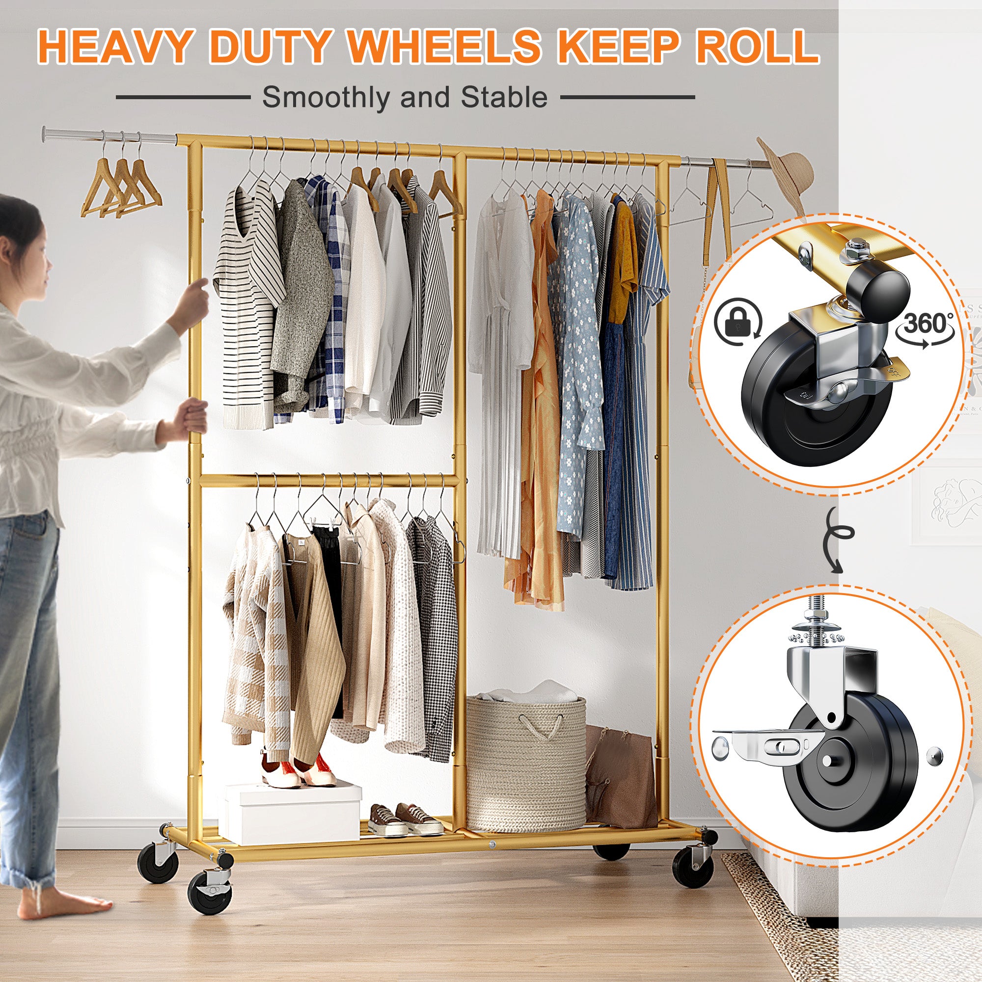 Snhomee Garment Rack with Wheels, Adjustable Height & Width, 298 lbs Heavy-Duty Clothes Rack for Hanging
