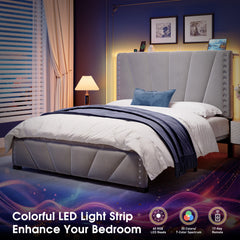 Snhomee LED Platform Bed Frame with Charging Station & Adjustable Velvet Storage Upholstered Headboard - 881LBS Heavy Duty, Noise-Free Platform Bed