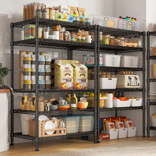 Snhomee Freestanding 5‑Tier Metal Storage Rack, 21.45"W x 62.4"H Adjustable Wire Shelving, Powder Coated Rust & Water Resistant Anti‑Tipping Organizer for Kitchen Pantry 1464