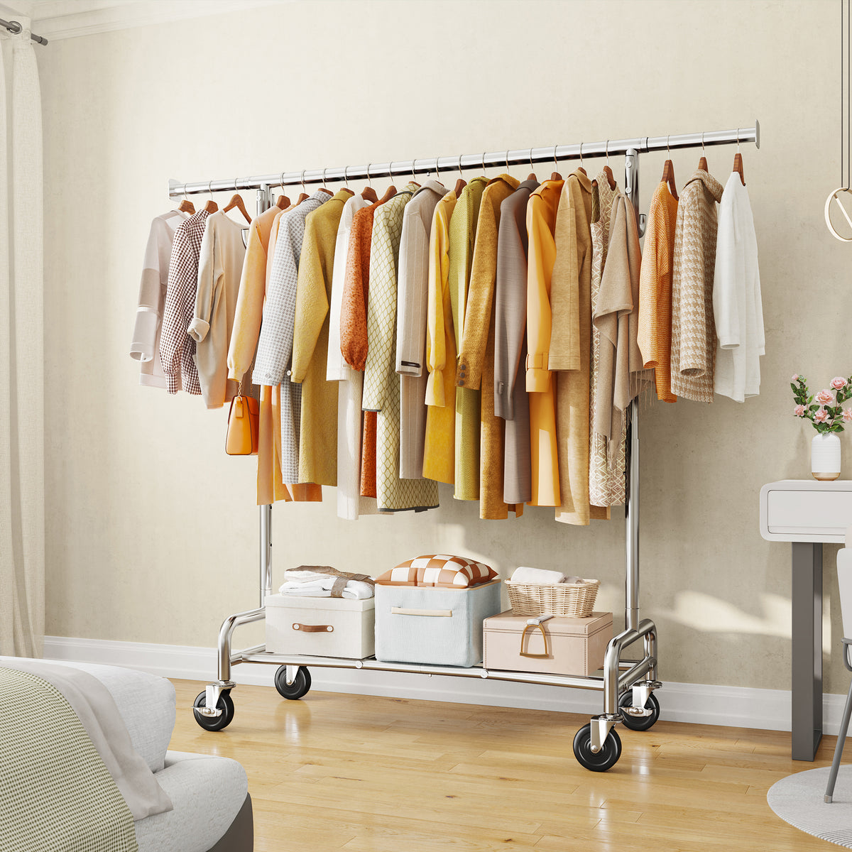 400LB Heavy Duty Rolling Clothes Rack | Adjustable Garment Rack with Wheels & Shelf | Portable Chrome Metal Frame for Commercial & Home Use-snhomee