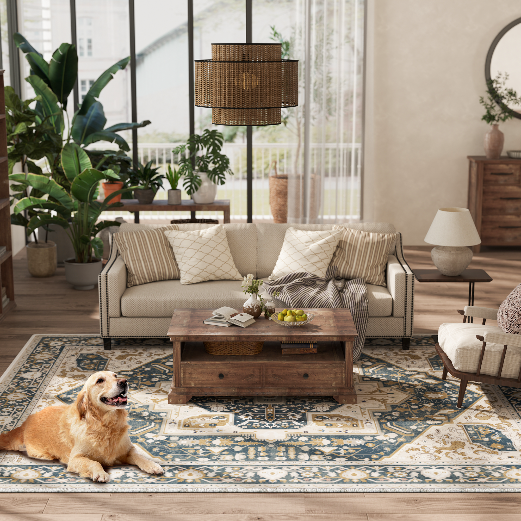 Boho Area Rugs,machine washable area rugs，area rugs for living room, Low Pile Vintage Carpet