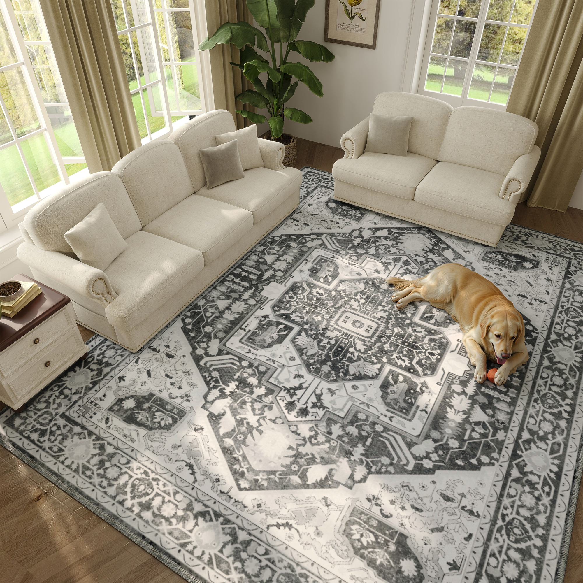 Boho Area Rugs,machine washable area rugs，area rugs for living room, Low Pile Vintage Carpet
