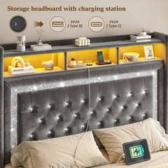 Snhomee Floating Upholstered Bed Frame with LED Lights & Charging Station, High Storage Headboard, Heavy-Duty Metal Slats, Noise-Free, No Box Spring Needed