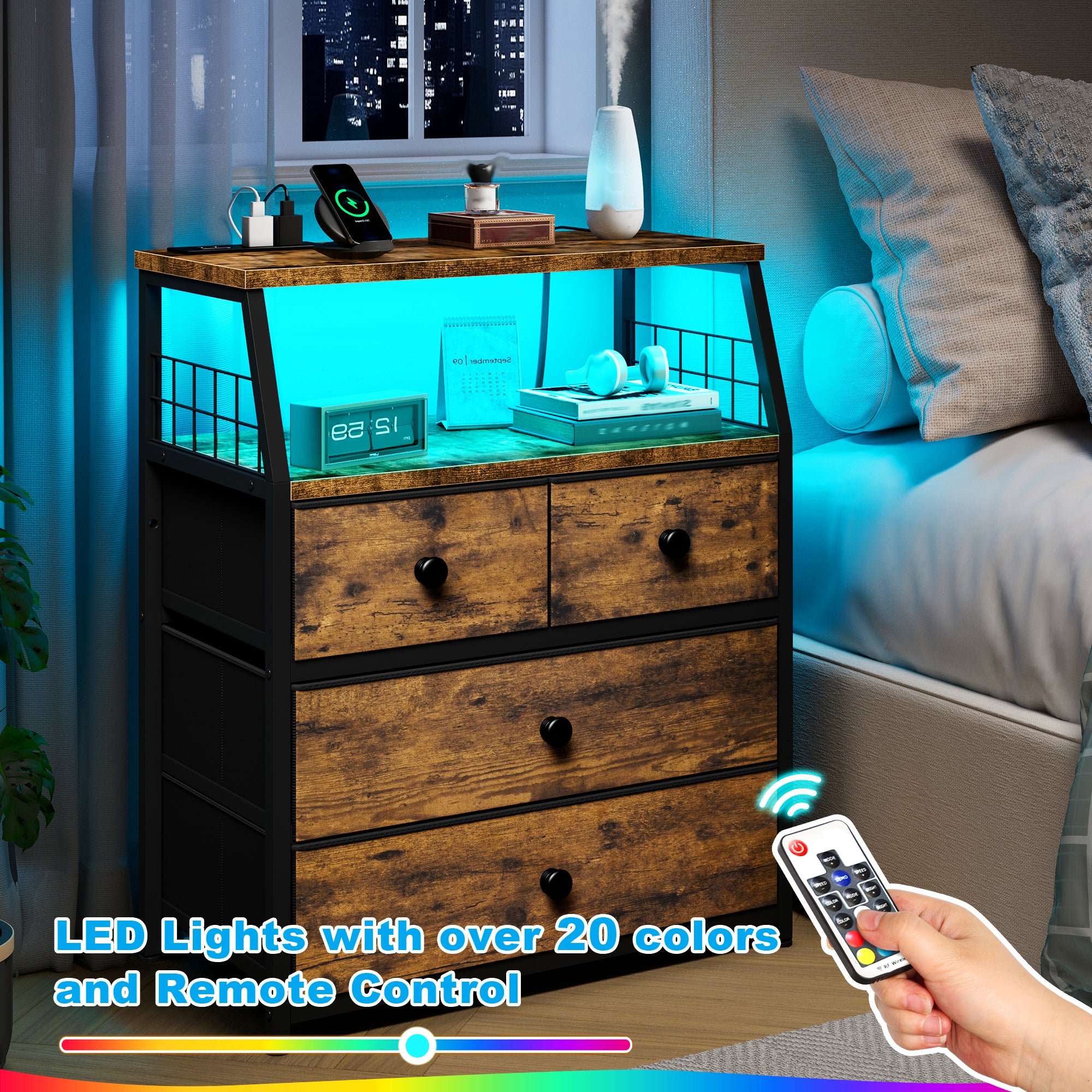 LED Nightstands with Charging Station: 4 Fabric Drawers, USB Ports & Outlets for Bedroom-Rustic Brown-1-snhomee
