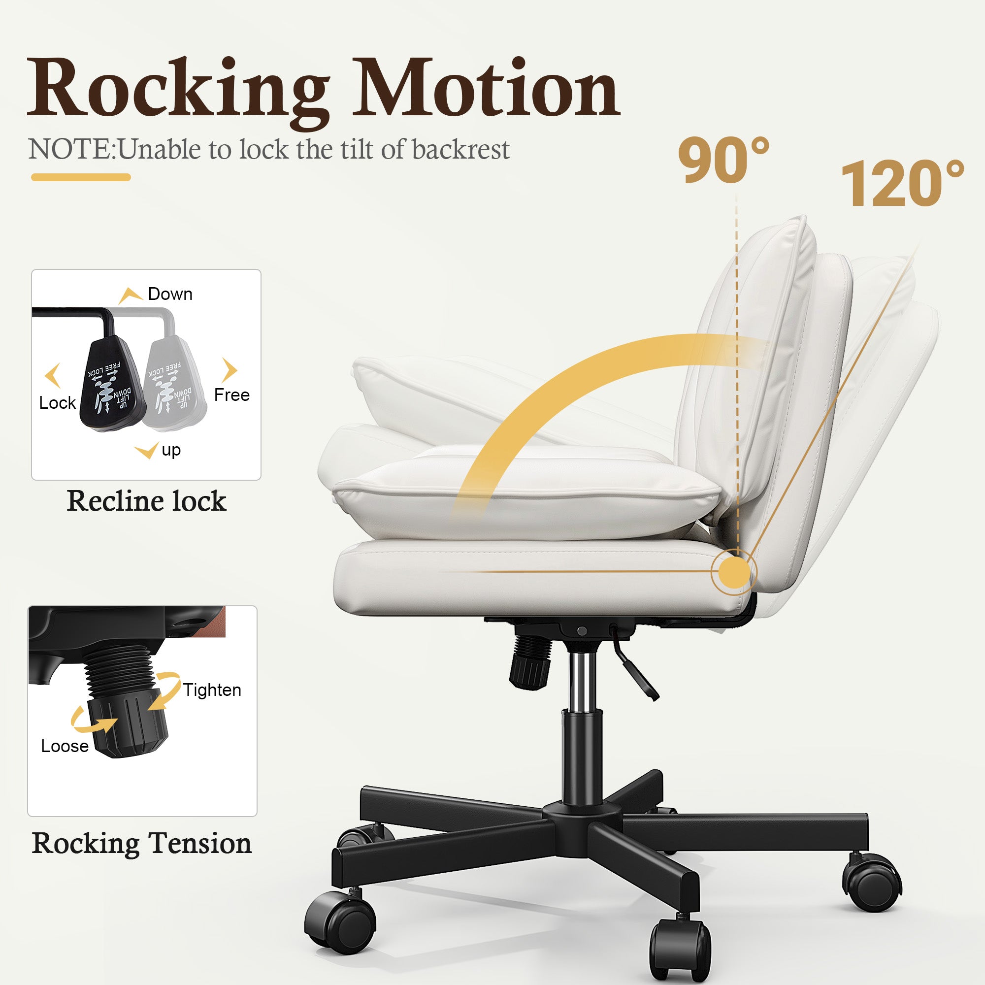 Ergonomic Cross-Legged Office Chair – 27" Wide PU Leather Seat, Adjustable Height & Swivel, Armless Design with 2-Layer Cushion & Wheels for Home Office or Vanity