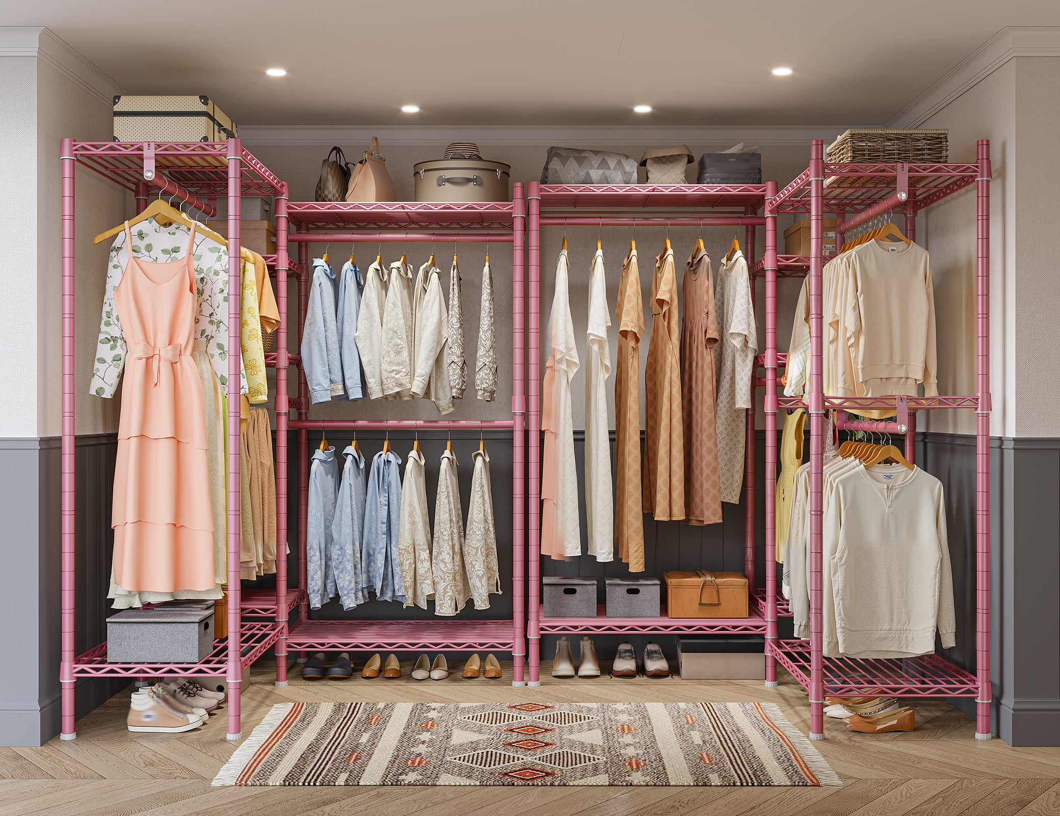 Clothing Racks for Hanging Clothes, Heavy Duty Clothes Rack Load 730LBS, Metal Wardrobe Closet, 77" H, Pink-Home Storage > Clothes Rack-snhomee