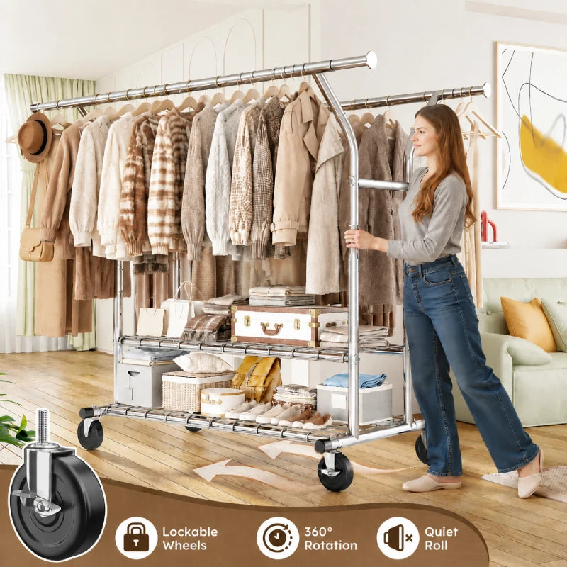 Lockable 360° swivel wheels heavy duty clothes rack, silent rolling garment rack for hardwood tile and laminate floors.
