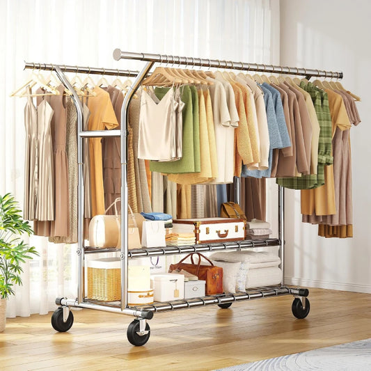 Snhomee 630 LBS Heavy Duty Expandable Metal Clothes Rack with 2 Shelves & Lockable 360° Wheels, Snap-Fit Assembly for Bedroom Laundry Room 800