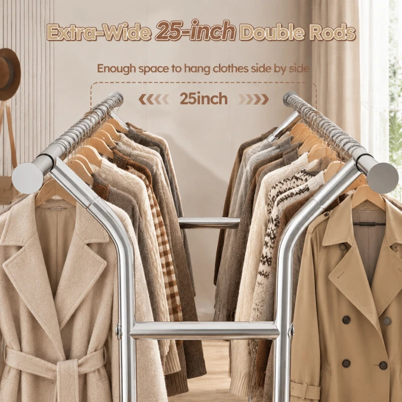 Designed with 25-inch spacing between the double rods, this double rod garment rack helps prevent clothes from feeling overcrowded while creating more accessible hanging space.