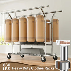 Snhomee 630 LBS Heavy Duty Expandable Metal Clothes Rack with 2 Shelves & Lockable 360° Wheels, Snap-Fit Assembly for Bedroom Laundry Room