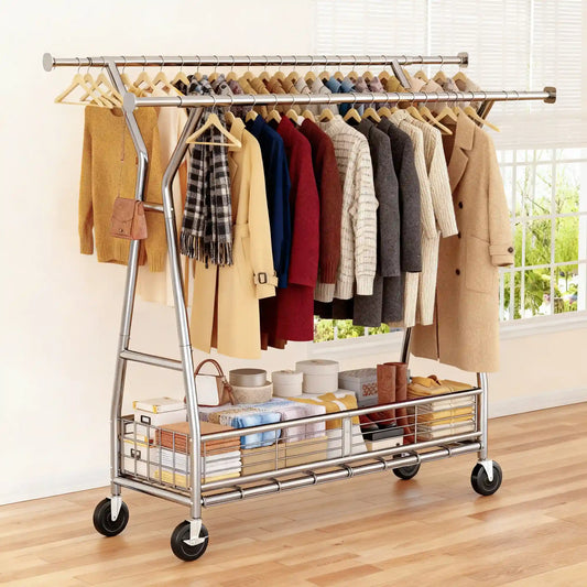 Snhomee 630 lbs Heavy Duty Rolling Garment Rack with Shelves, 70"H  Space-Saving Commercial Clothing Rack for Bedroom, Closet, Laundry, Commercial 2000