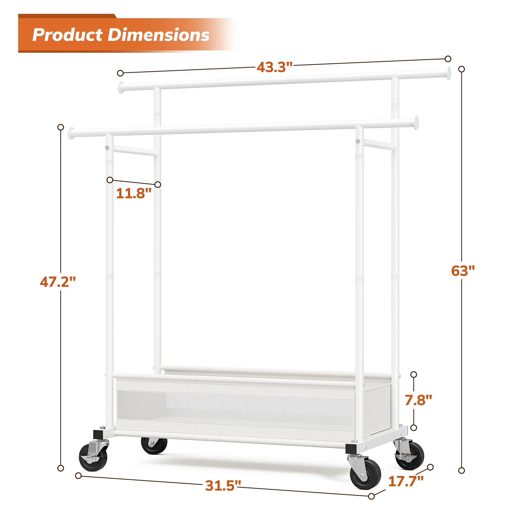 Measuring 43.3"W × 17.71"D × 63"H.Its 63-inch height provides convenient hanging storage for everyday clothing while fitting neatly into smaller rooms.