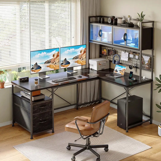 Snhomee 67" Extra-Large Reversible L-Shaped Gaming Desk with Overhead Storage Hutch, Drawers, Grid Pegboard, Dynamic RGB Lights & Charging Station, Dual-Monitor Computer Desk for Bedroom, Home Office & Studio 1200
