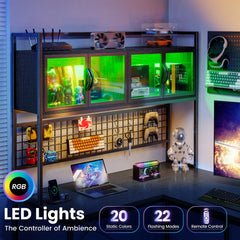 Snhomee 67" Extra-Large Reversible L-Shaped Gaming Desk with Overhead Storage Hutch, Drawers, Grid Pegboard, Dynamic RGB Lights & Charging Station, Dual-Monitor Computer Desk for Bedroom, Home Office & Studio