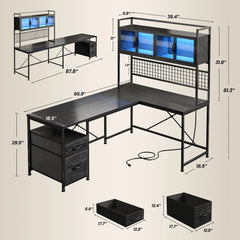 Snhomee 67" Extra-Large Reversible L-Shaped Gaming Desk with Overhead Storage Hutch, Drawers, Grid Pegboard, Dynamic RGB Lights & Charging Station, Dual-Monitor Computer Desk for Bedroom, Home Office & Studio