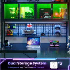 Snhomee 67" Extra-Large Reversible L-Shaped Gaming Desk with Overhead Storage Hutch, Drawers, Grid Pegboard, Dynamic RGB Lights & Charging Station, Dual-Monitor Computer Desk for Bedroom, Home Office & Studio