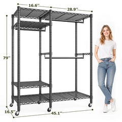 Snhomee Heavy Duty Clothes Rack with Wheels, Freestanding Portable Closet, Rolling Garment Rack For Hanging