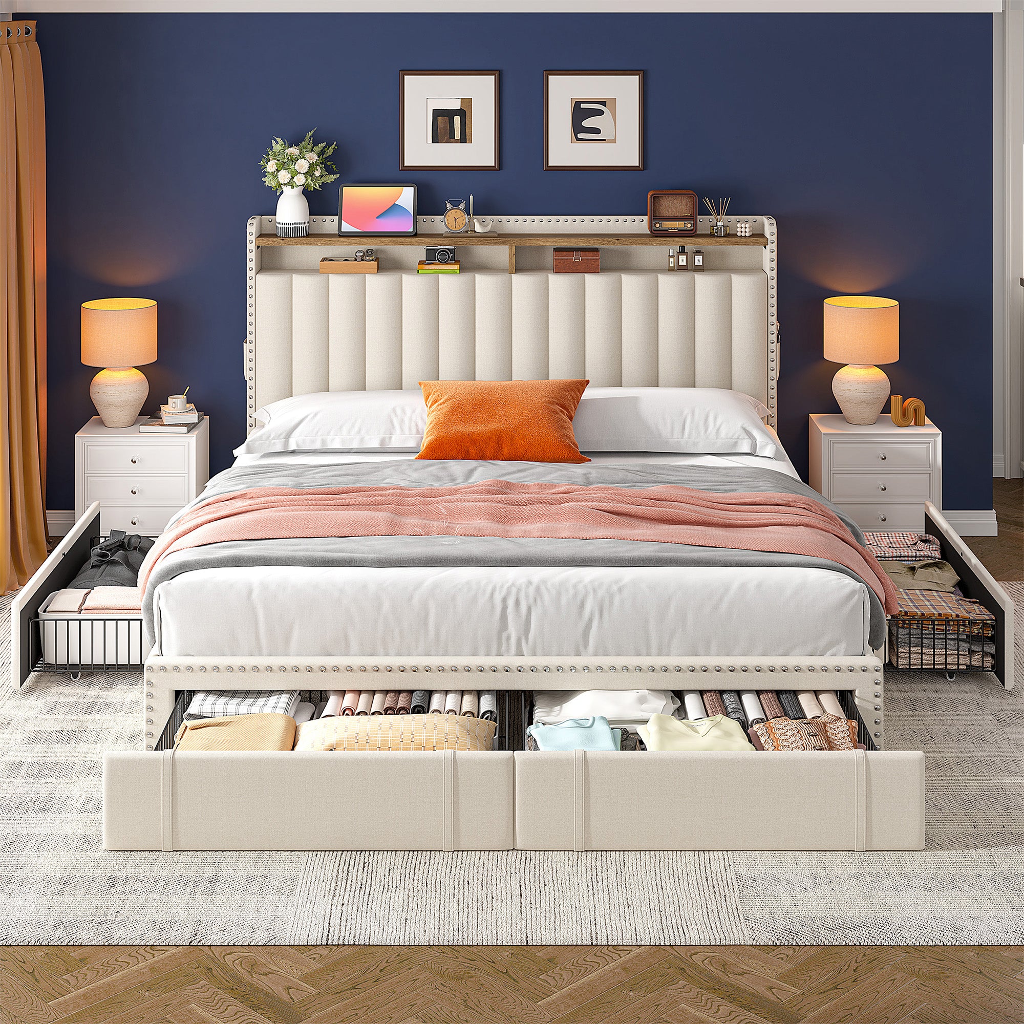 Snhomee Heavy Duty Platform Bed Frame with Storage Drawers - Silent 1200LB Capacity, No Box Spring Needed, Upholstered Headboard