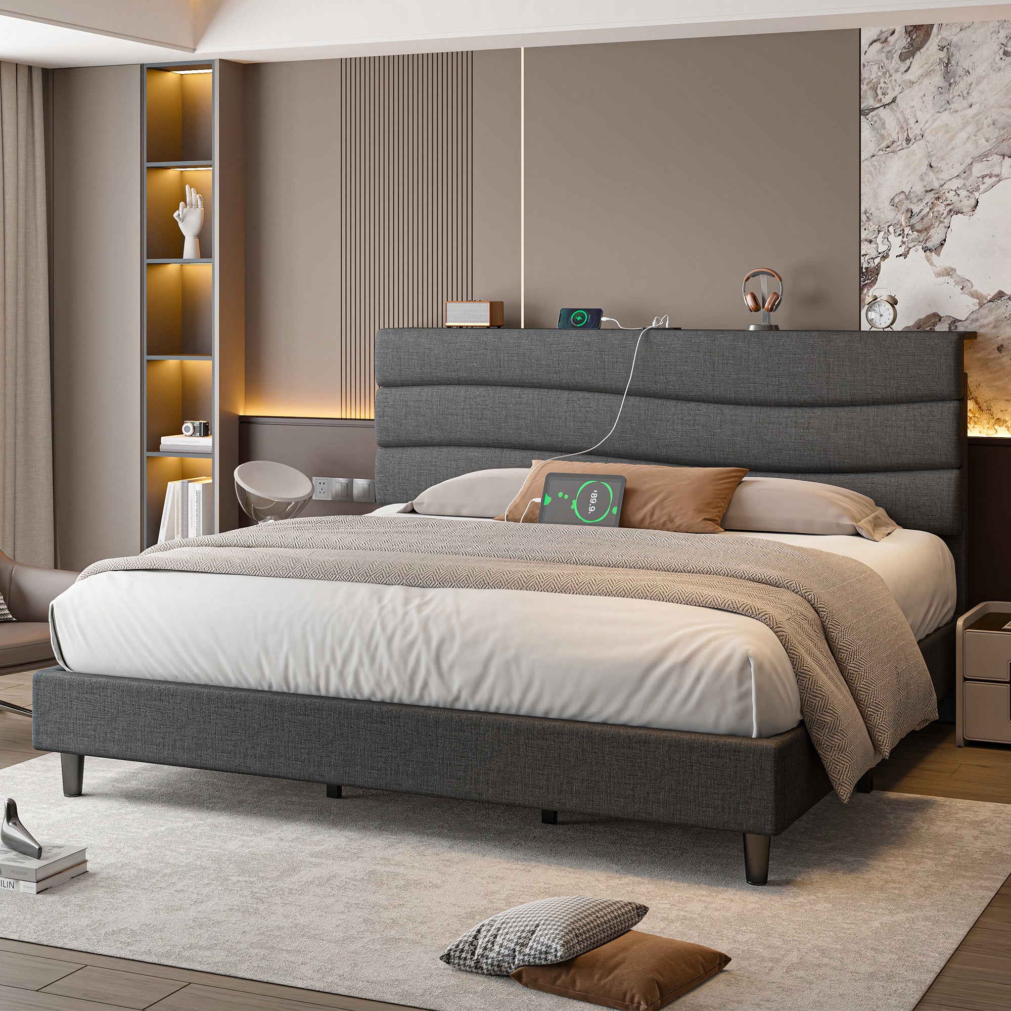SnHomee Upholstered Bed Frame with Storage Headboard & Charging Station - USB Ports, Adjustable Fabric Headboard, Noise-Free Design, No Box Spring Needed, Back to School Beds On Sale