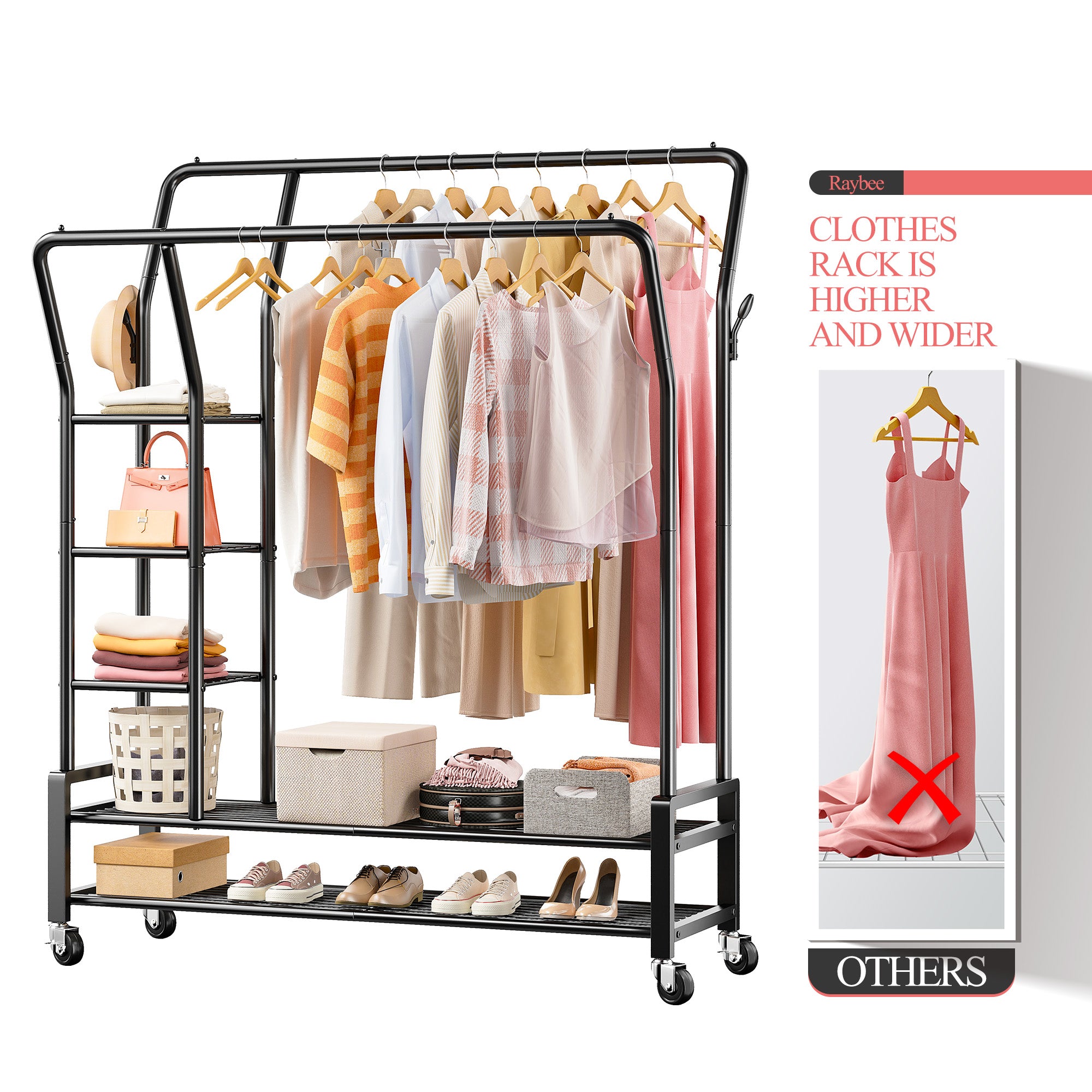 Snhomee Portable Rolling Clothes Rack with Shelves,Clothes Hanging Rack with Wheels, For Commercial&Bedroom