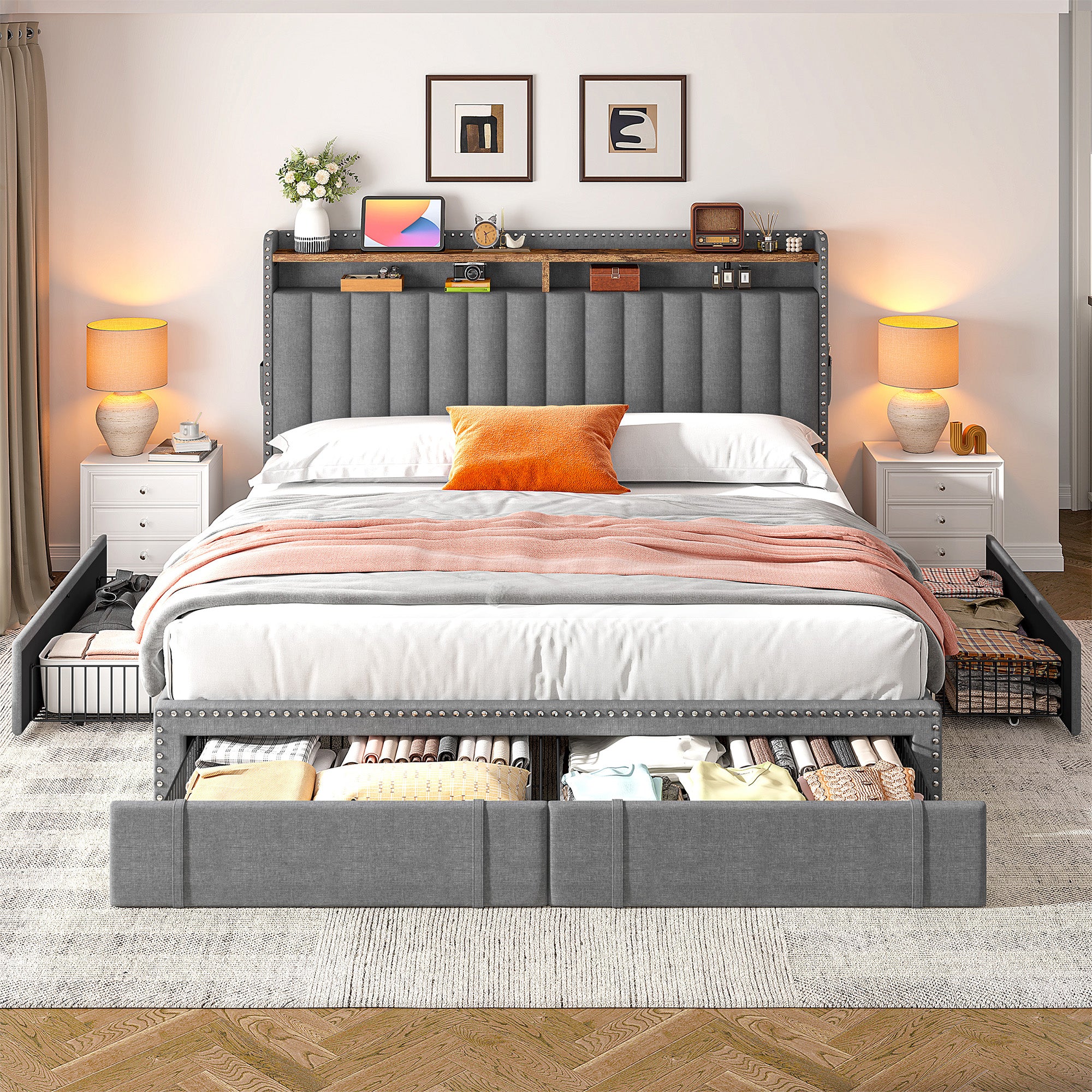 Snhomee Heavy Duty Platform Bed Frame with Storage Drawers - Silent 1200LB Capacity, No Box Spring Needed, Upholstered Headboard