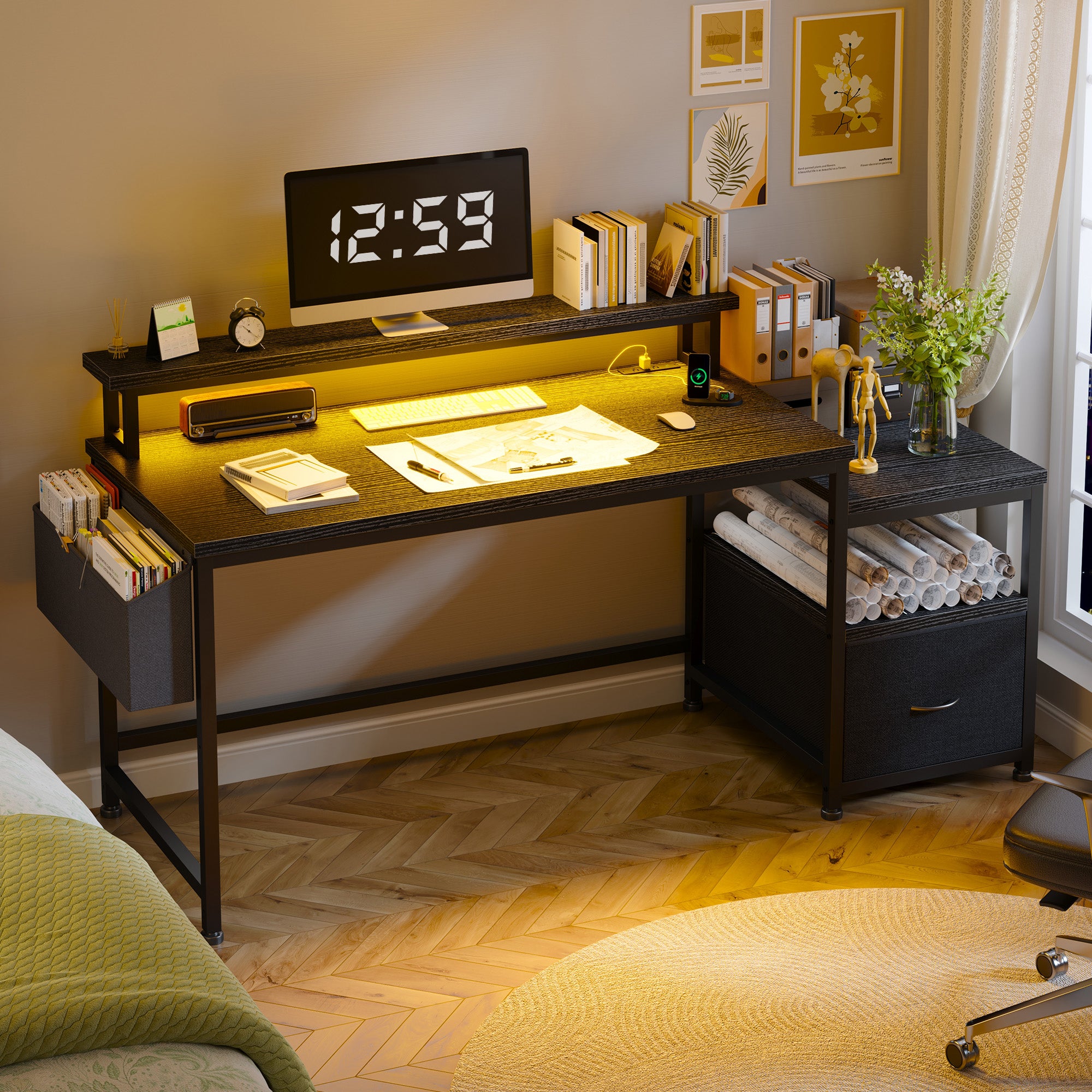 57" Computer Desk with Drawer, Gaming Desk with Moniter Stand, Home Office Desk for Bedroom Dorm