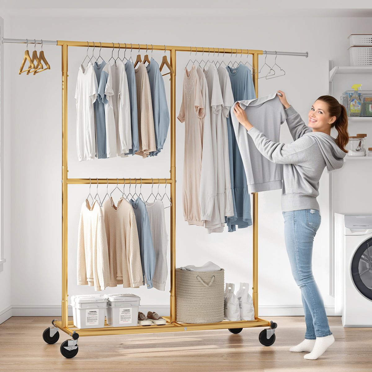 Snhomee 450 lbs Garment Rack with Wheels, Commercial Clothes Rack for Hanging-Home Storage > Clothes Rack-Gold-(45.3"-69.1")W x 17.8"D x 72"H-snhomee