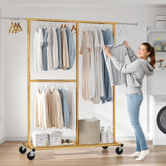 Snhomee 450 lbs Garment Rack with Wheels, Commercial Clothes Rack for Hanging-Home Storage > Clothes Rack-Gold-(45.3"-69.1")W x 17.8"D x 72"H-snhomee 2000