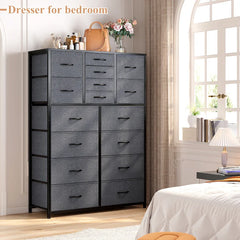 Tall Fabric Dresser for Bedroom with 16 Deep Drawers, Chests of Drawers for Bedroom, Living Room, Wood Top Metal Frame, Storage Drawer for Closet Entryway, Highboy-Furniture > Dresser-Brown-snhomee