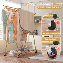 Double Rod Clothes Hanger Rack, Metal Rolling Clothing Rack With Wheels, 52"W x 20"D x (63"-69")H, Gold/Black-Gold-snhomee