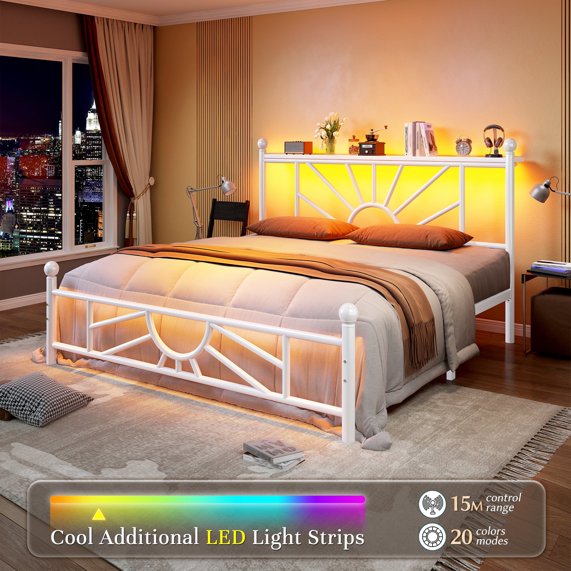Snhomee Metal Bed Frame with LED Lights Under Headboard&Footboard - 1300LBS Capacity, Underbed Storage, No Box Spring Needed, Noise-Free Design, Back to School Beds Best Choice