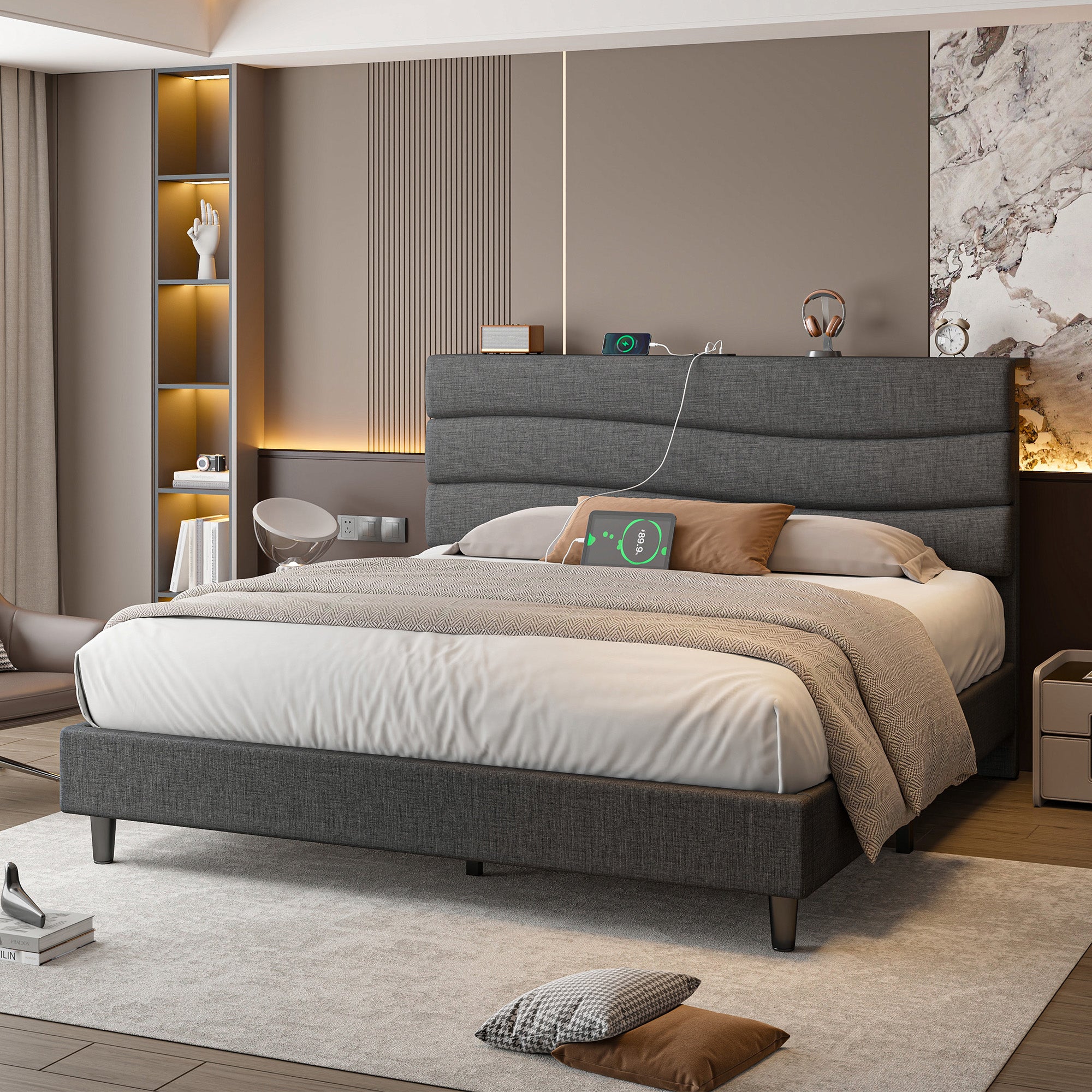 SnHomee Upholstered Bed Frame with Storage Headboard & Charging Station - USB Ports, Adjustable Fabric Headboard, Noise-Free Design, No Box Spring Needed, Back to School Beds On Sale