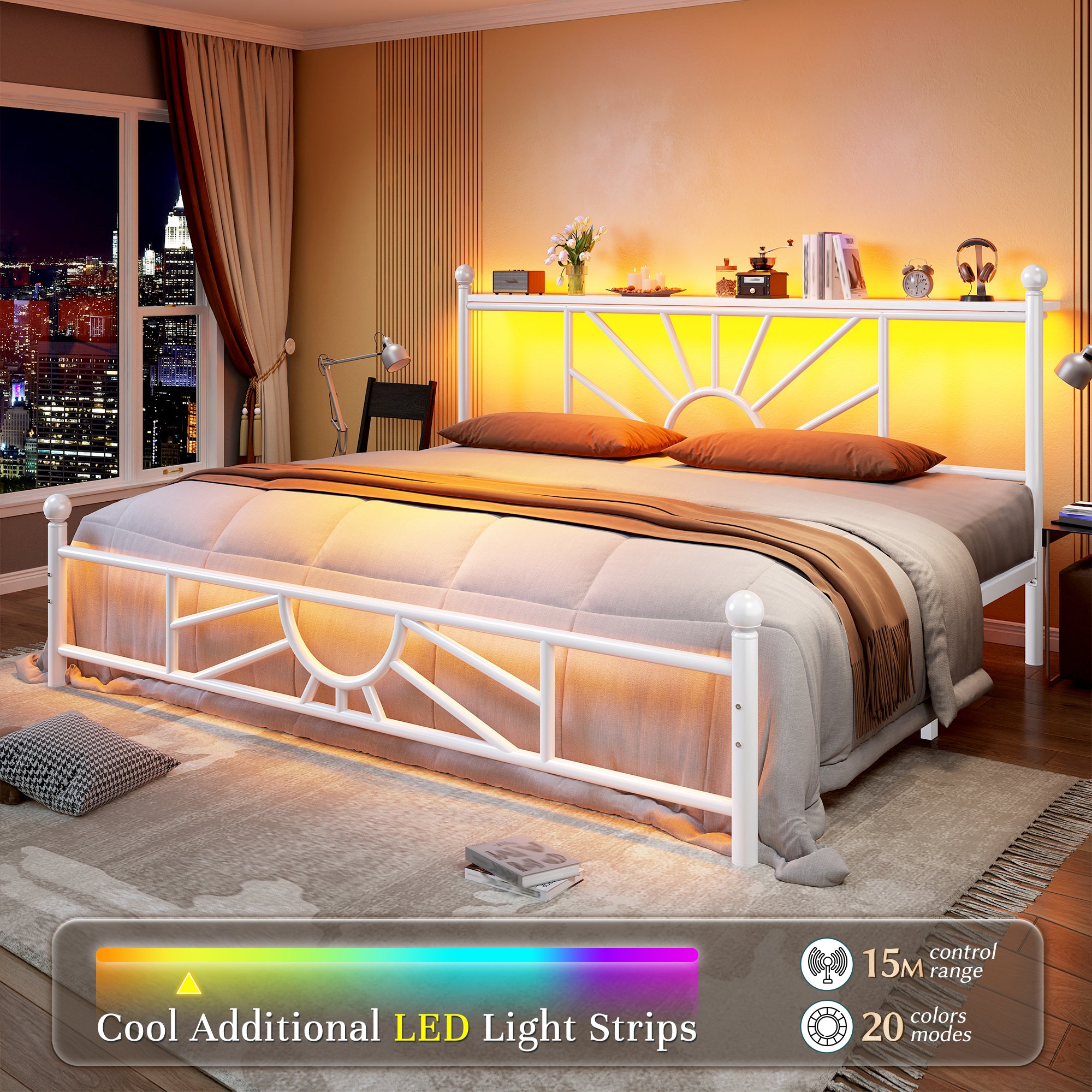 Snhomee Metal Bed Frame with LED Lights Under Headboard&Footboard - 1300LBS Capacity, Underbed Storage, No Box Spring Needed, Noise-Free Design, Back to School Beds Best Choice