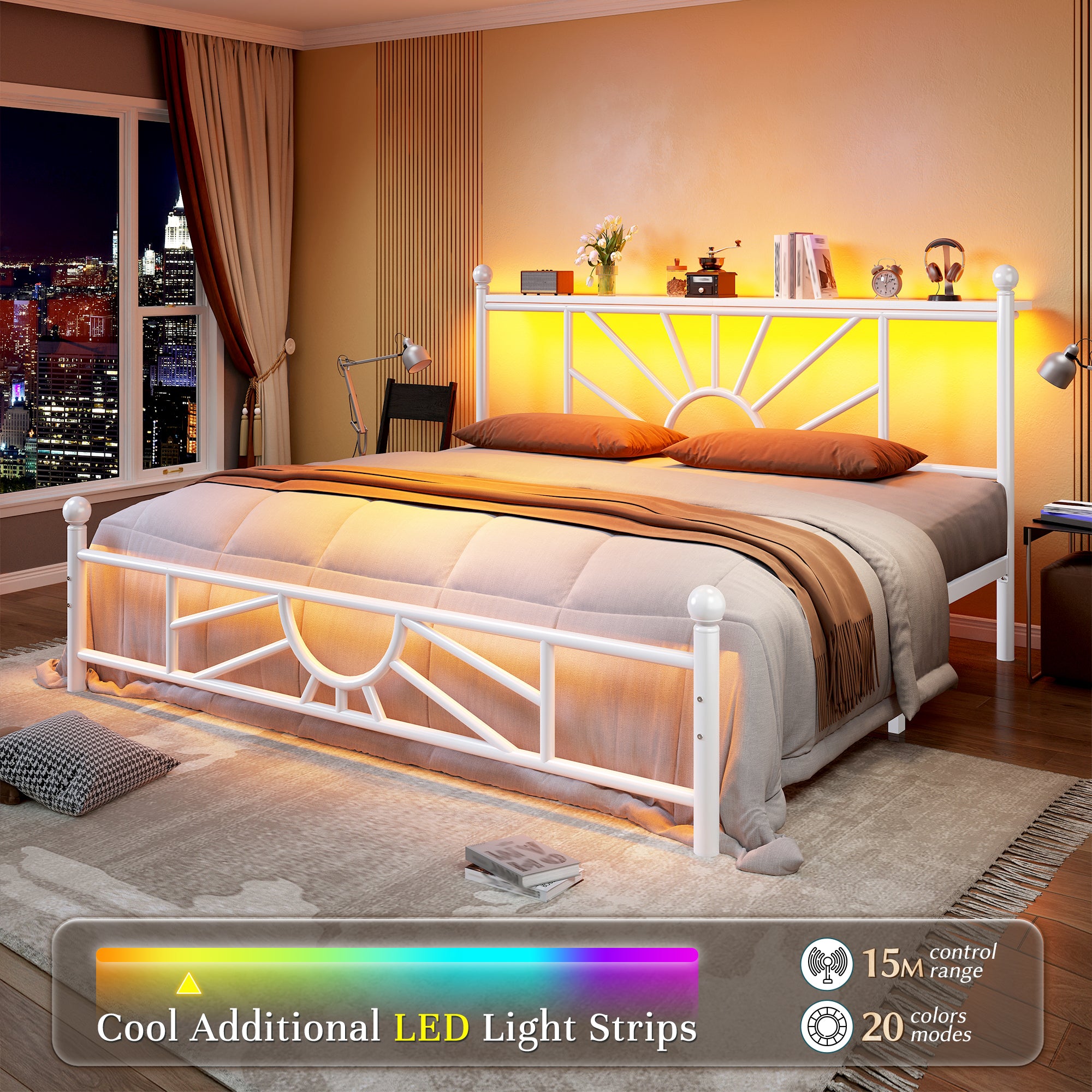Snhomee Metal Bed Frame with LED Lights Under Headboard&Footboard - 1300LBS Capacity, Underbed Storage, No Box Spring Needed, Noise-Free Design, Back to School Beds Best Choice