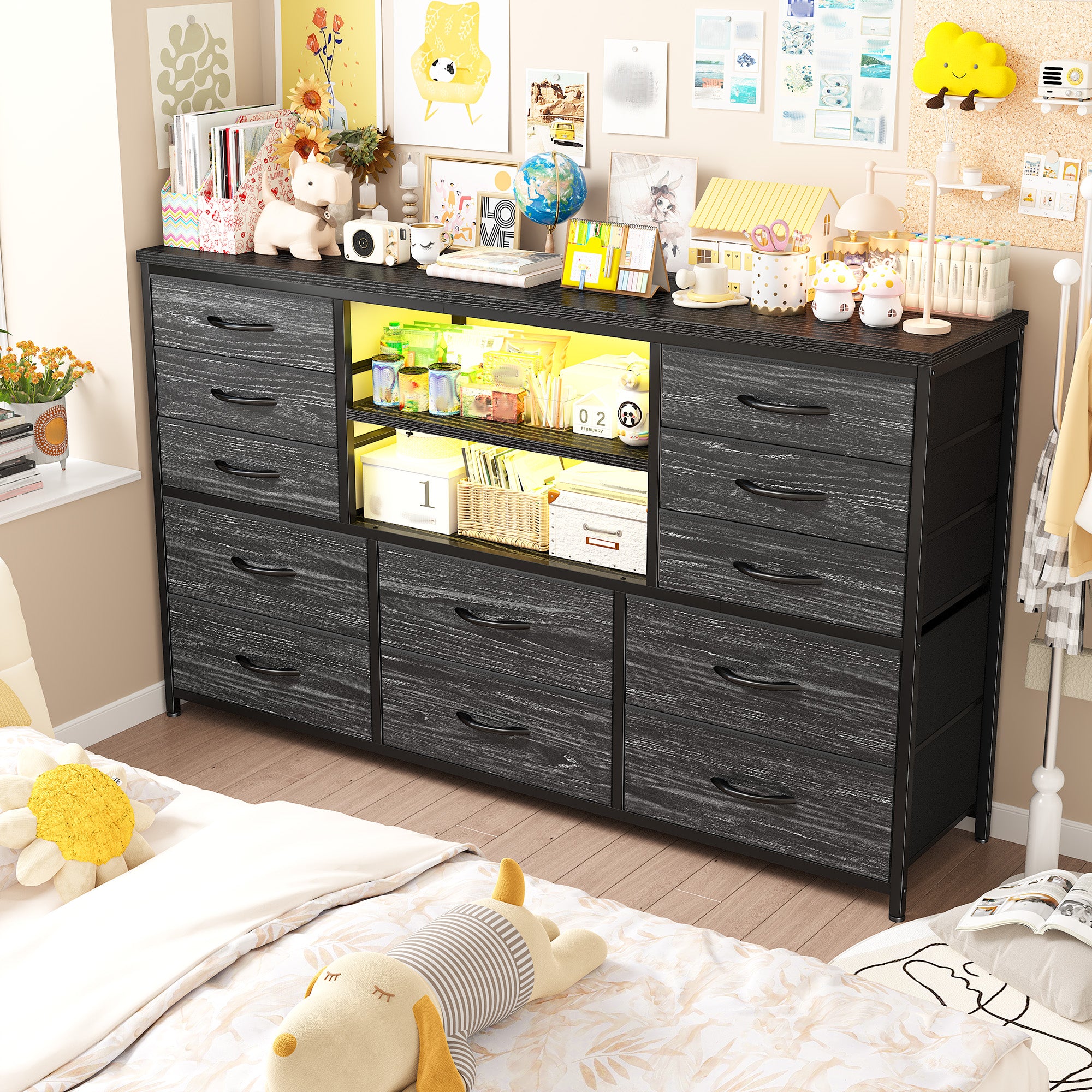 Snhomee 12-Drawer LED Dresser with USB Outlets - 60'' TV Stand for Bedroom & Living Room, Metal Frame Storage Cabinet 49''W x 35''H