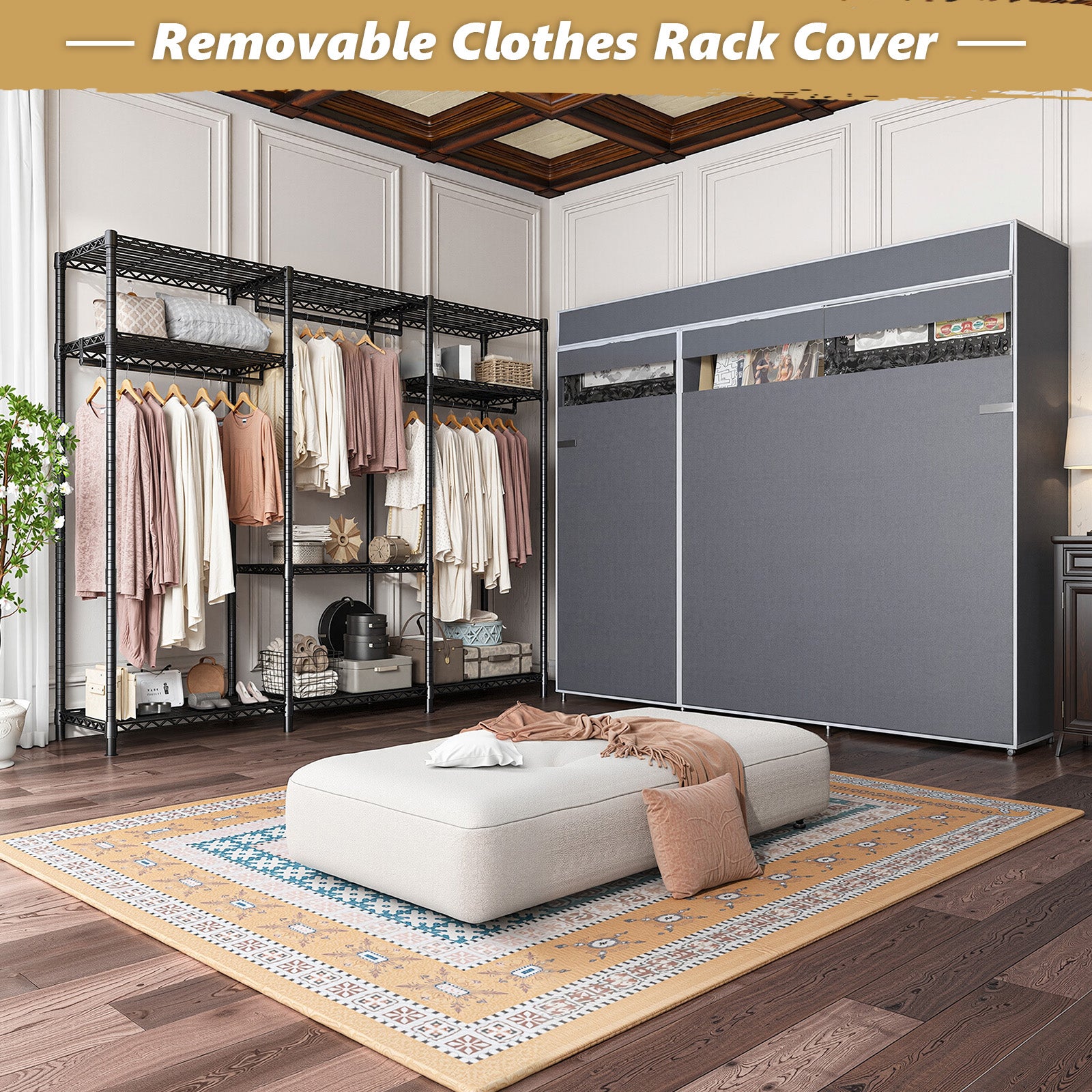 Snhomee Clothing Rack with Cover 800LBS Heavy Duty Clothes Rack Freestanding Closet for Bedroom-Home Storage > Clothes Rack-snhomee