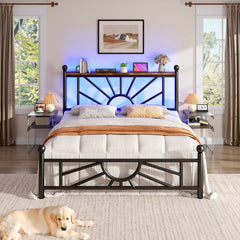 Snhomee Metal Bed Frame with LED Lights Under Headboard&Footboard - 1300LBS Capacity, Underbed Storage, No Box Spring Needed, Noise-Free Design, Back to School Beds Best Choice