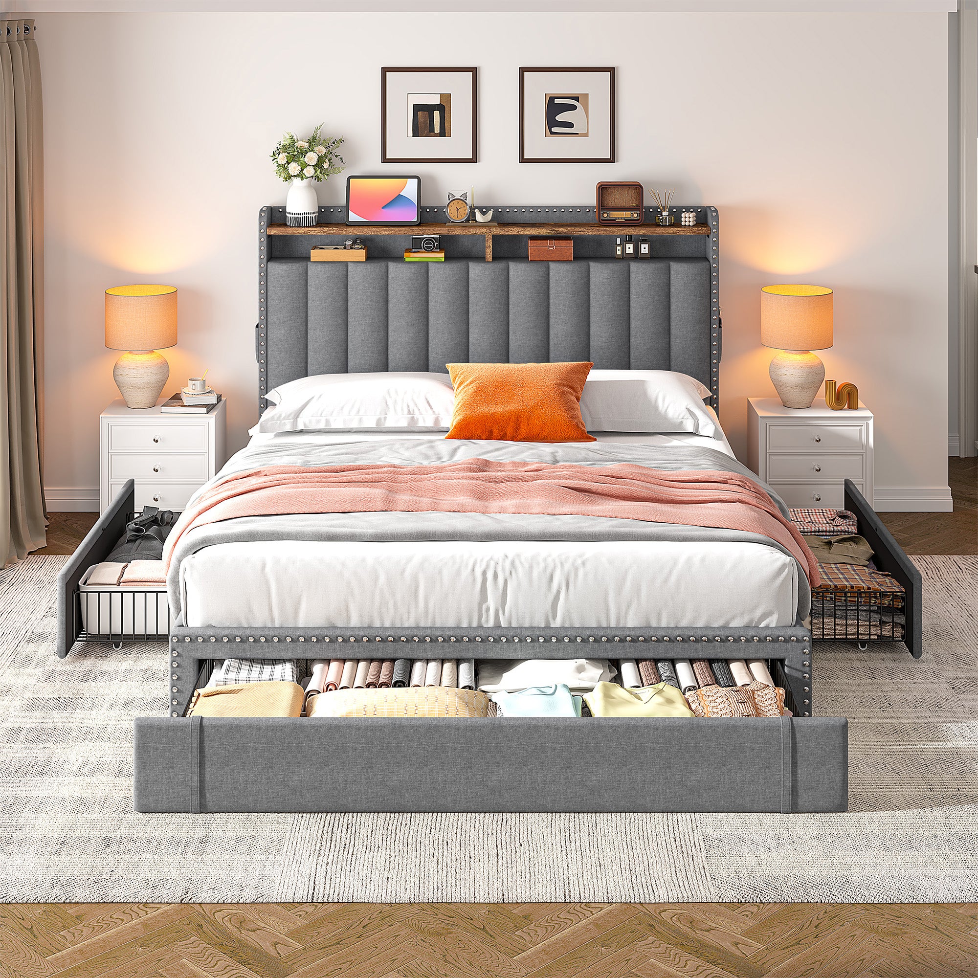 Snhomee Heavy Duty Platform Bed Frame with Storage Drawers - Silent 1200LB Capacity, No Box Spring Needed, Upholstered Headboard