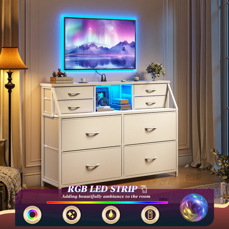 Snhomee 8-Drawer Dresser with LED Lights and Built-in Charging Station, Durable Storage Chest with Open Shelves for Bedroom, Living Room, or Hallway