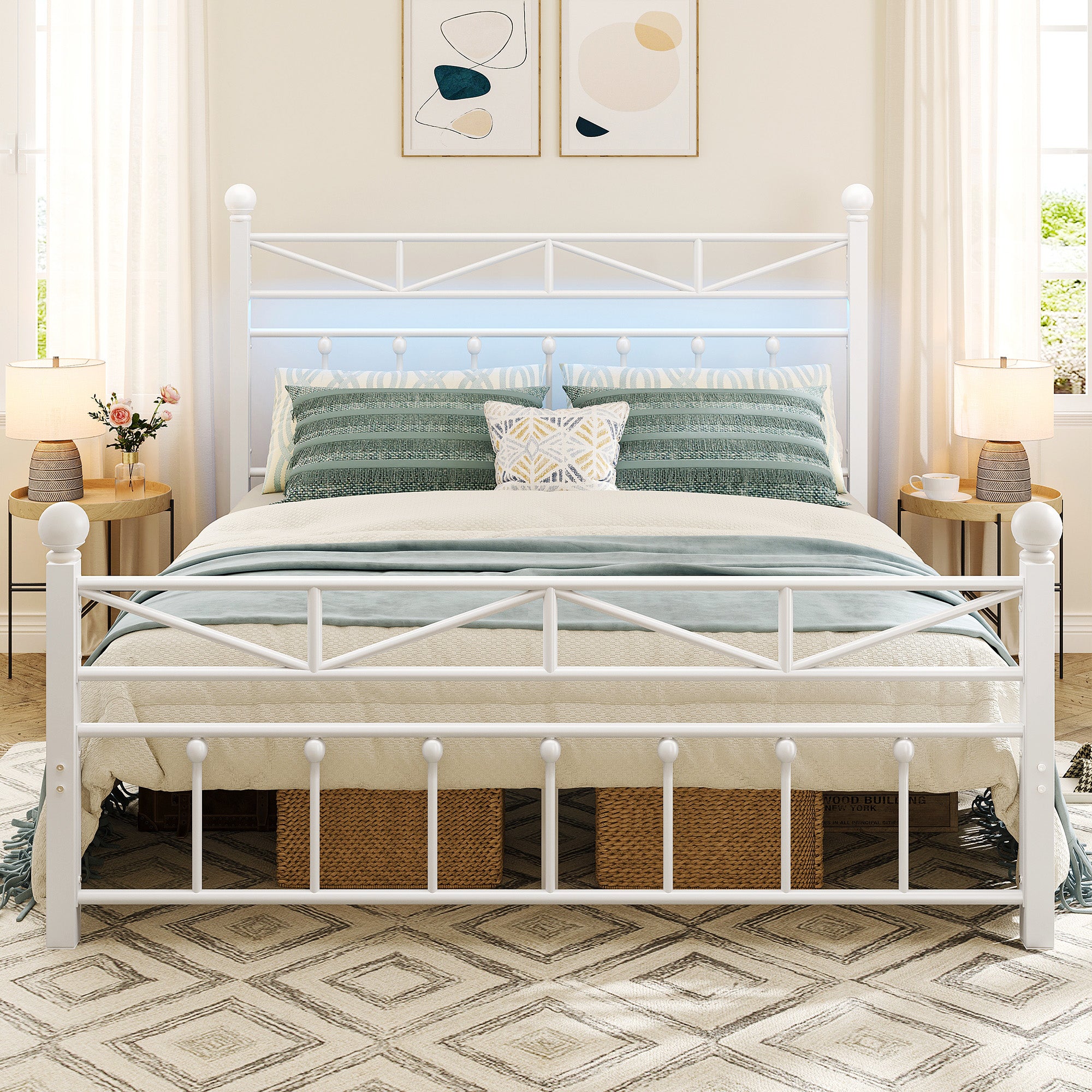 LED Metal Bed Frame with Tall Headboard & Footboard, Vintage Industrial Bed, Under Bed Storage & No Box Spring Needed, Noise-Free Design for Modern & Farmhouse Bedrooms