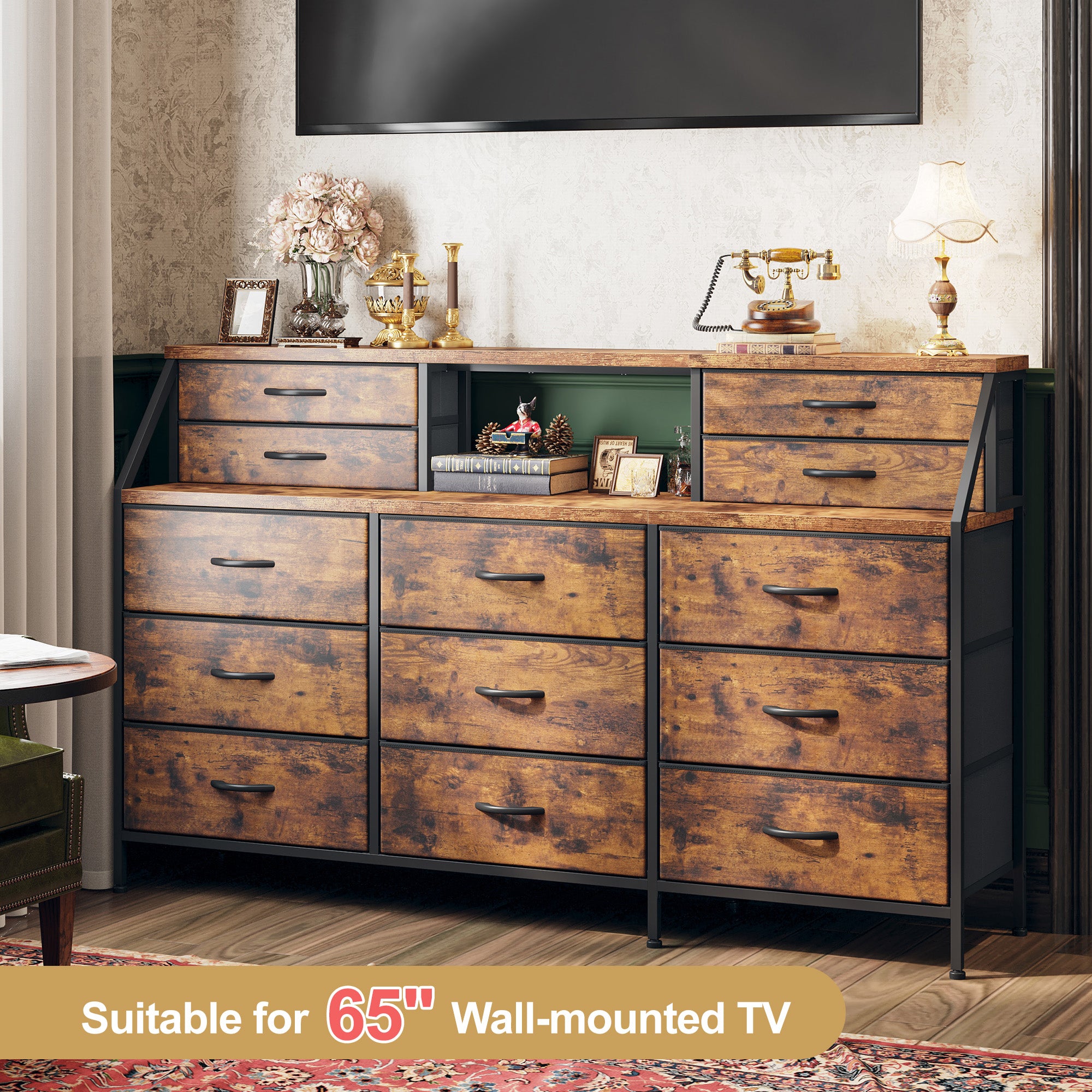 Girls Dresser Organizer: 55"W Dresser with 13 Fabric Drawers and 2 Open Shelves, Metal Frame & Wooden Top for Bedroom/Closet