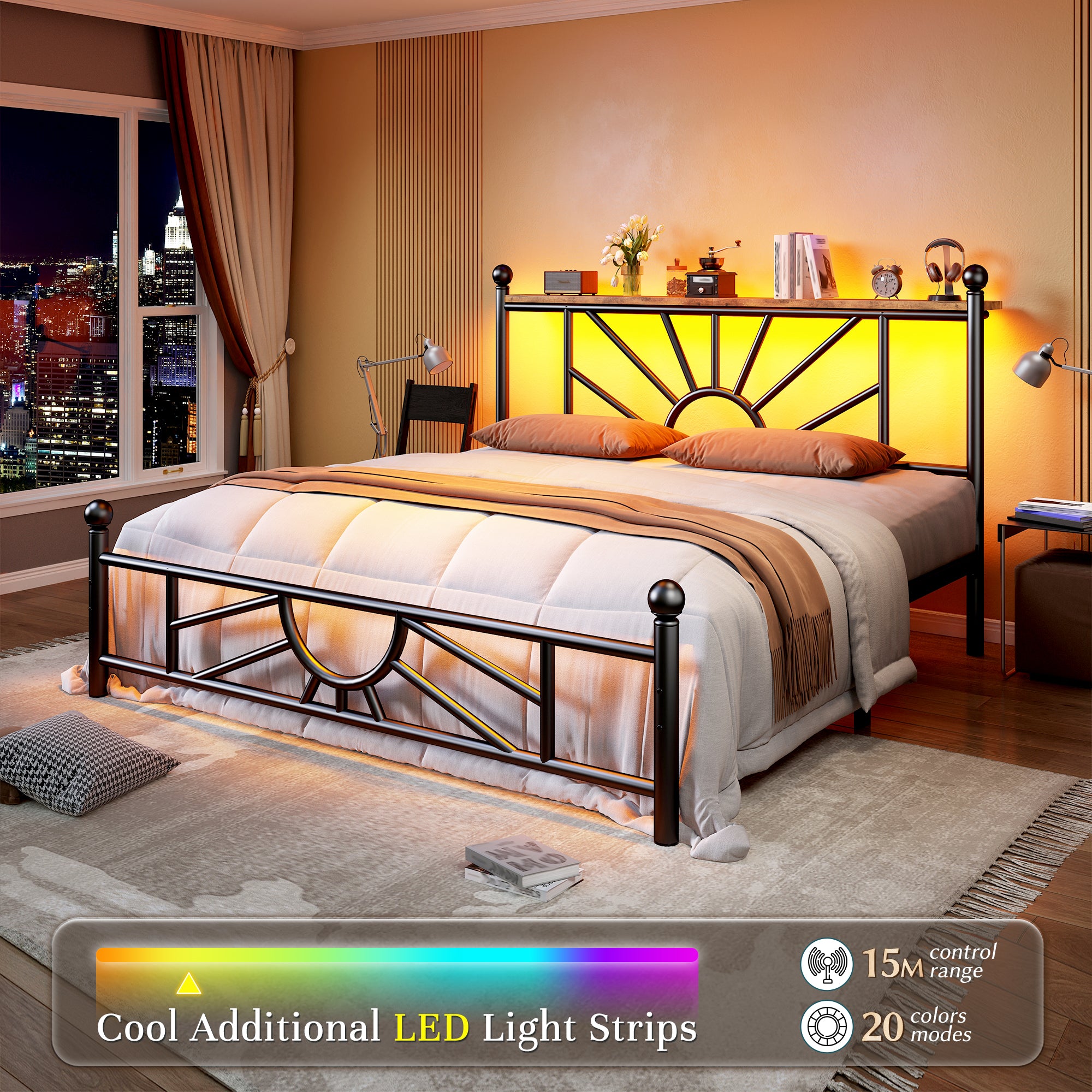 Snhomee Metal Bed Frame with LED Lights Under Headboard&Footboard - 1300LBS Capacity, Underbed Storage, No Box Spring Needed, Noise-Free Design, Back to School Beds Best Choice