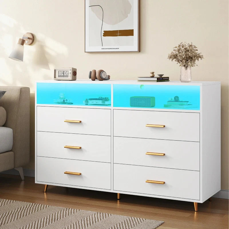 47"W Double Black Wooden Dresser with 6 Drawers & LED lights for Bedroom