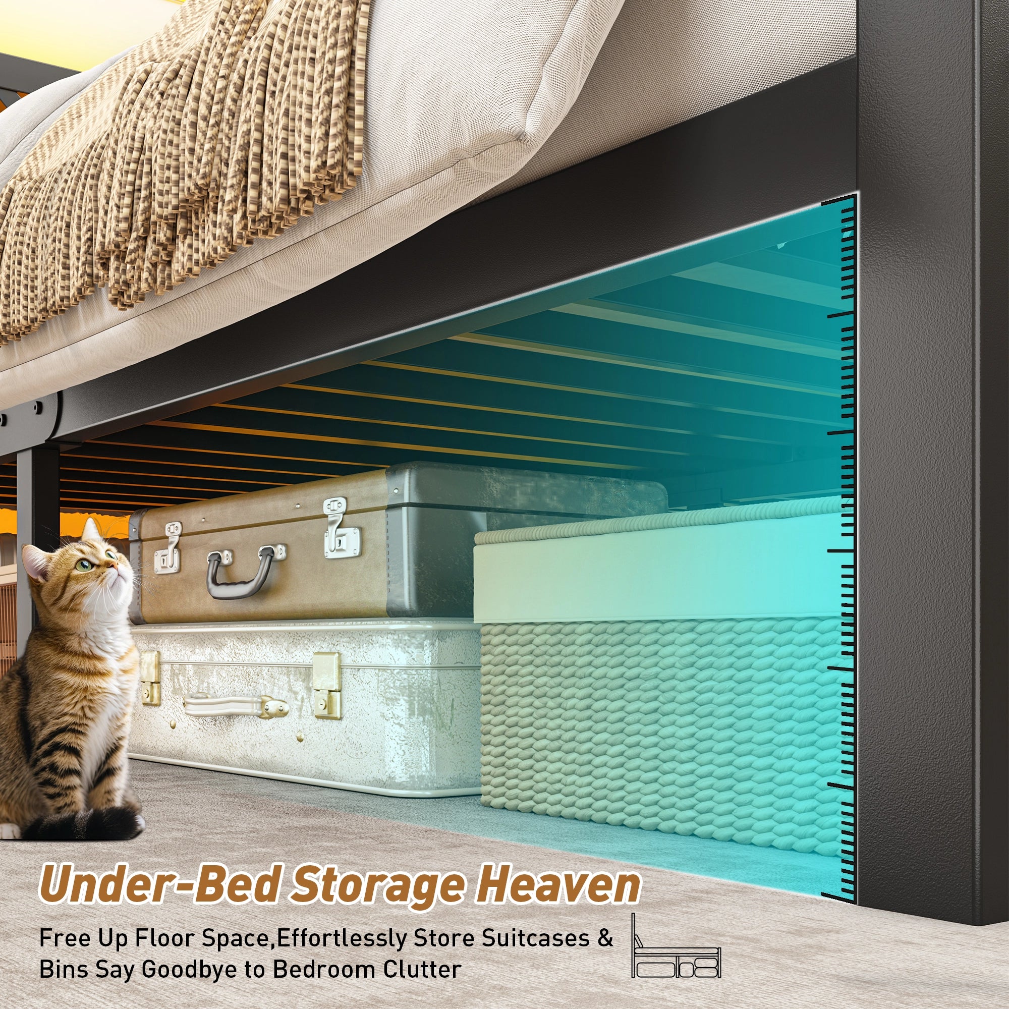 Snhomee Metal Bed Frame with LED Backlight, Storage Space, 1800lbs Weight Capacity & Quiet Structure