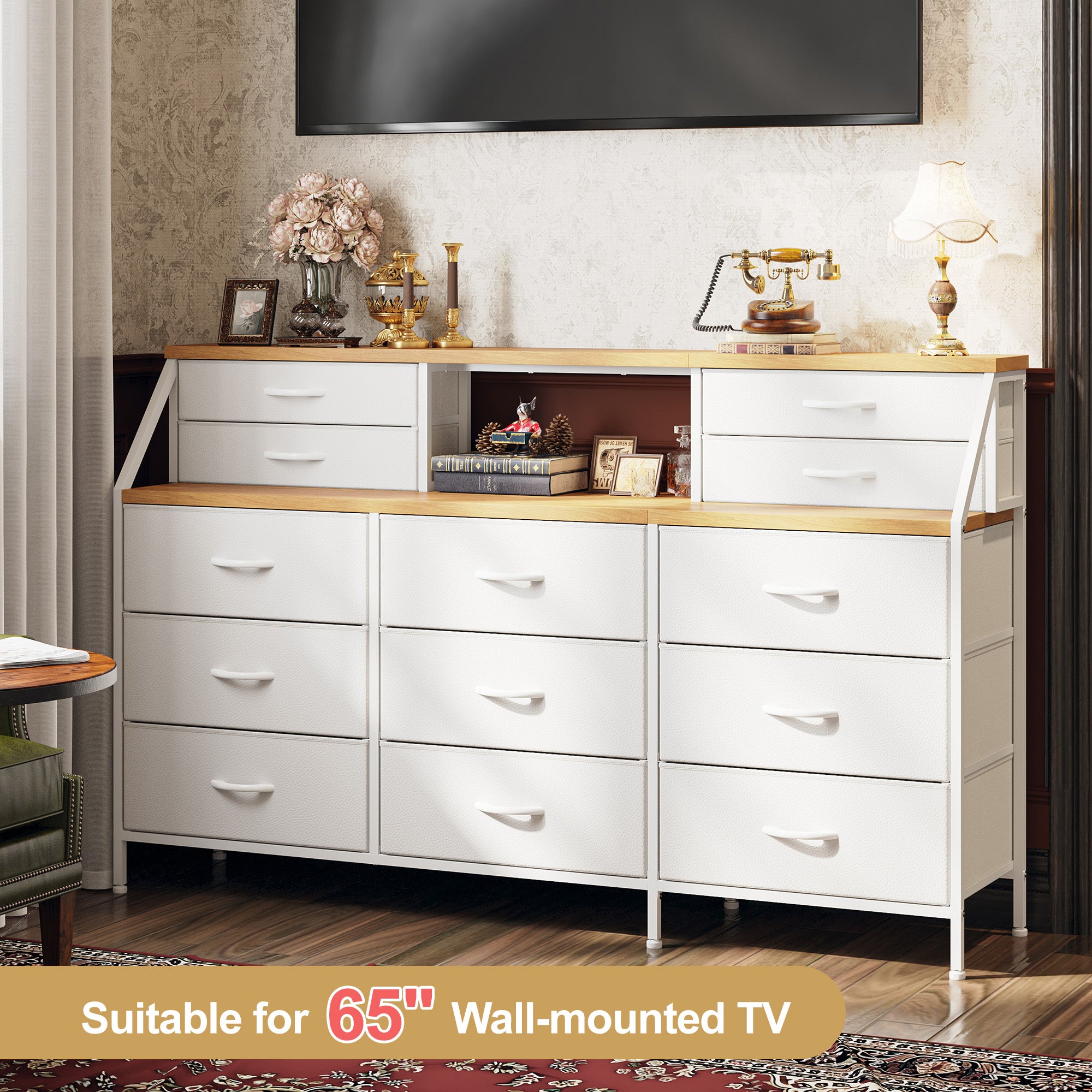 Girls Dresser Organizer: 55"W Dresser with 13 Fabric Drawers and 2 Open Shelves, Metal Frame & Wooden Top for Bedroom/Closet