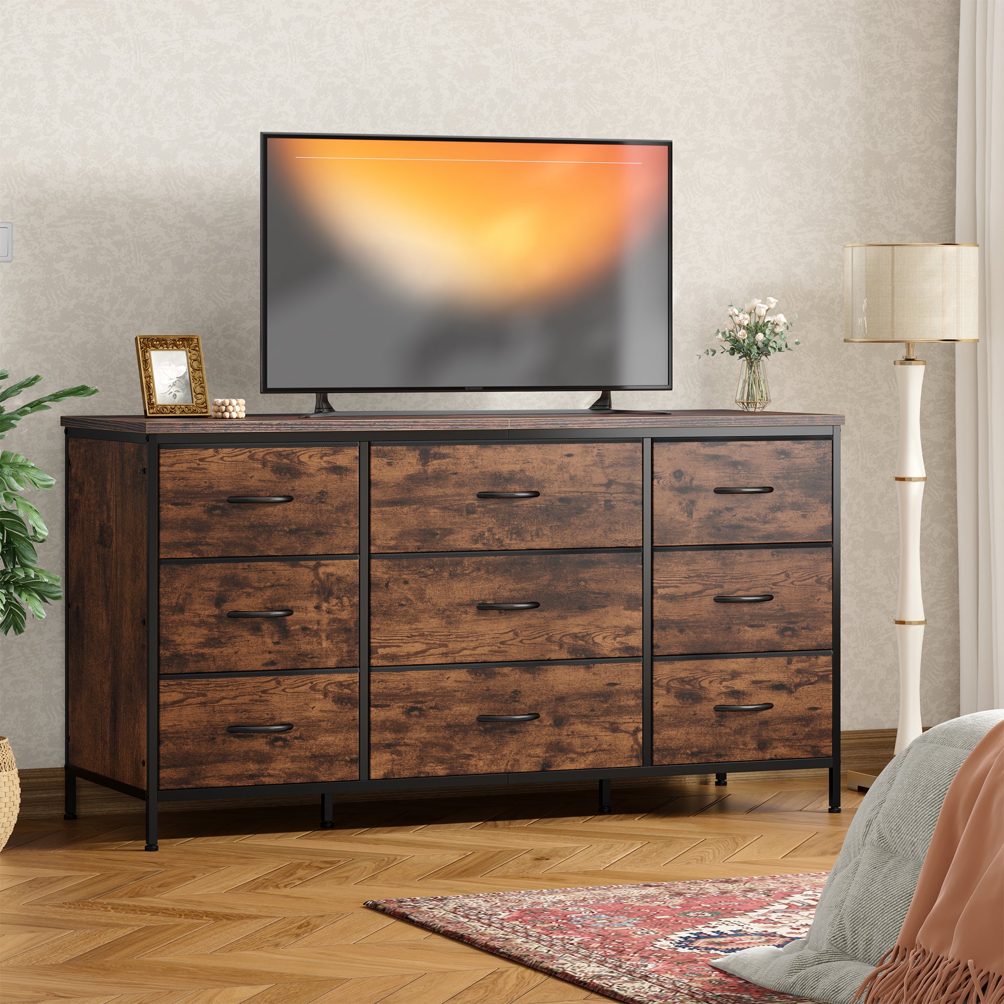 Snhomee Dresser TV Stand with 9 Drawers, Sturdy Metal Frame & Wood Top, Bedroom, Living Room, Hallway, Dorm room essentials, Back to school TV Stand Drawers