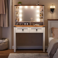 Farmhouse Makeup Vanity Desk with LED Mirror & Charging Station – 31.5" Wide, Adjustable 3-Color Lighting, 2 Storage Drawers & Shelves (Stool Not Included)