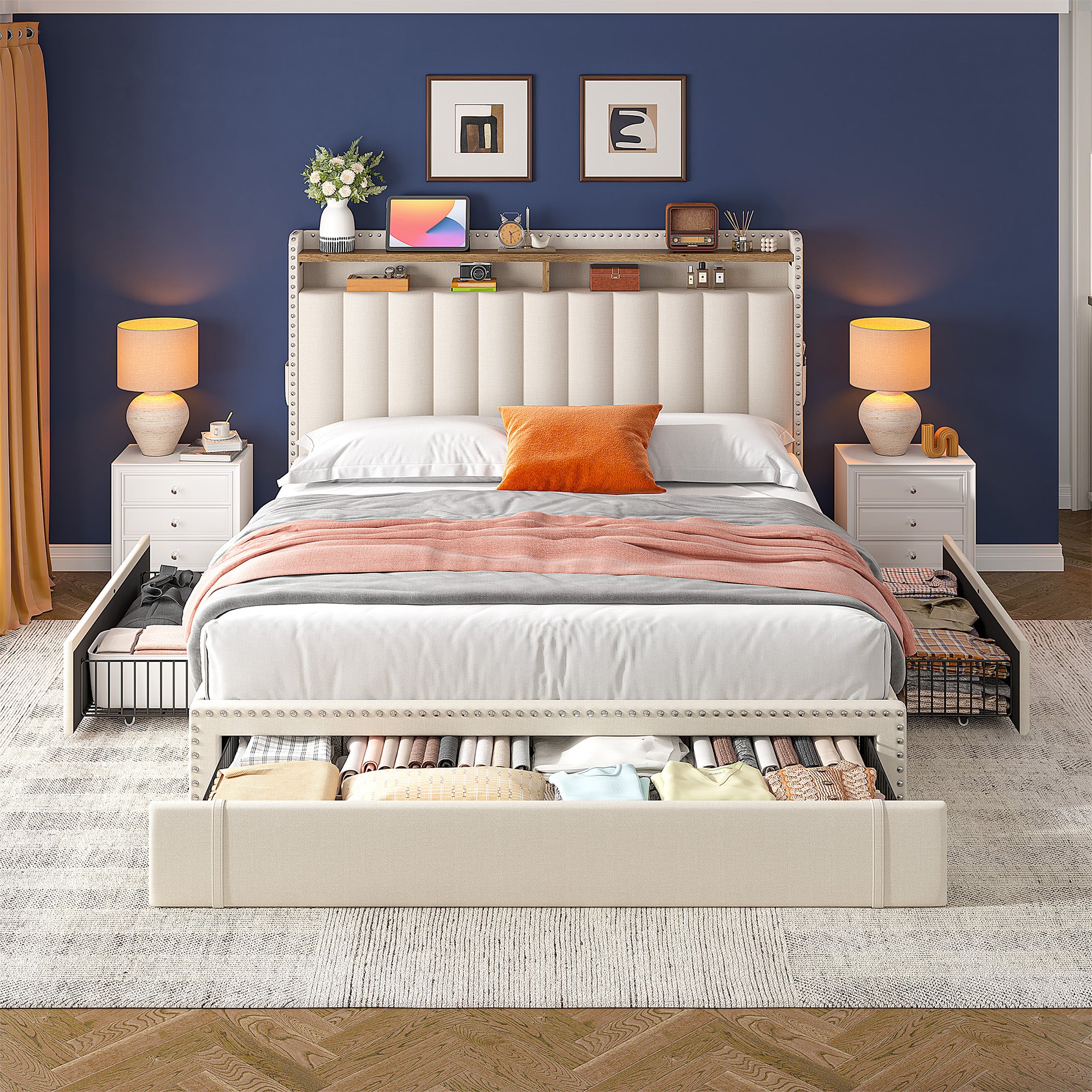 Snhomee Heavy Duty Platform Bed Frame with Storage Drawers - Silent 1200LB Capacity, No Box Spring Needed, Upholstered Headboard
