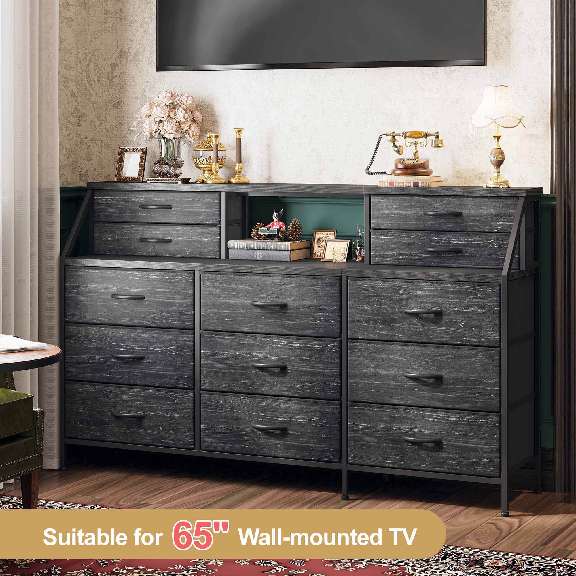 Girls Dresser Organizer: 55"W Dresser with 13 Fabric Drawers and 2 Open Shelves, Metal Frame & Wooden Top for Bedroom/Closet